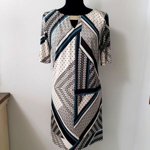 R&K black white teal print midi shift career dress sz Medium P office casual